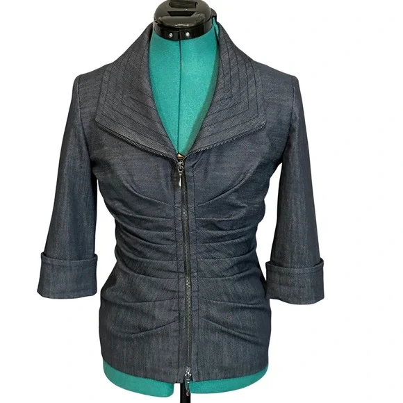 Joseph Ribkoff Womens 30308 Dark Denim Ruched Zip Front 3/4 Sleeve Jacket Size 4 - Picture 2 of 10